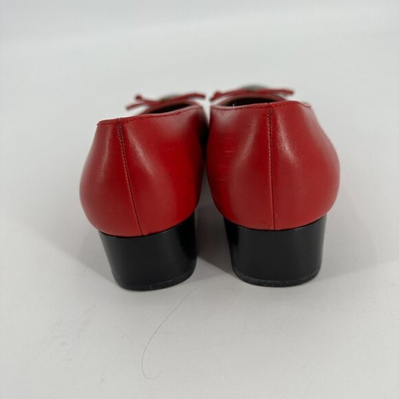 Salvatore Ferragamo Red Leather Cap Toe Bow Block Heel Vintage 6.5 Heel Shoes - Picture 5 of 9